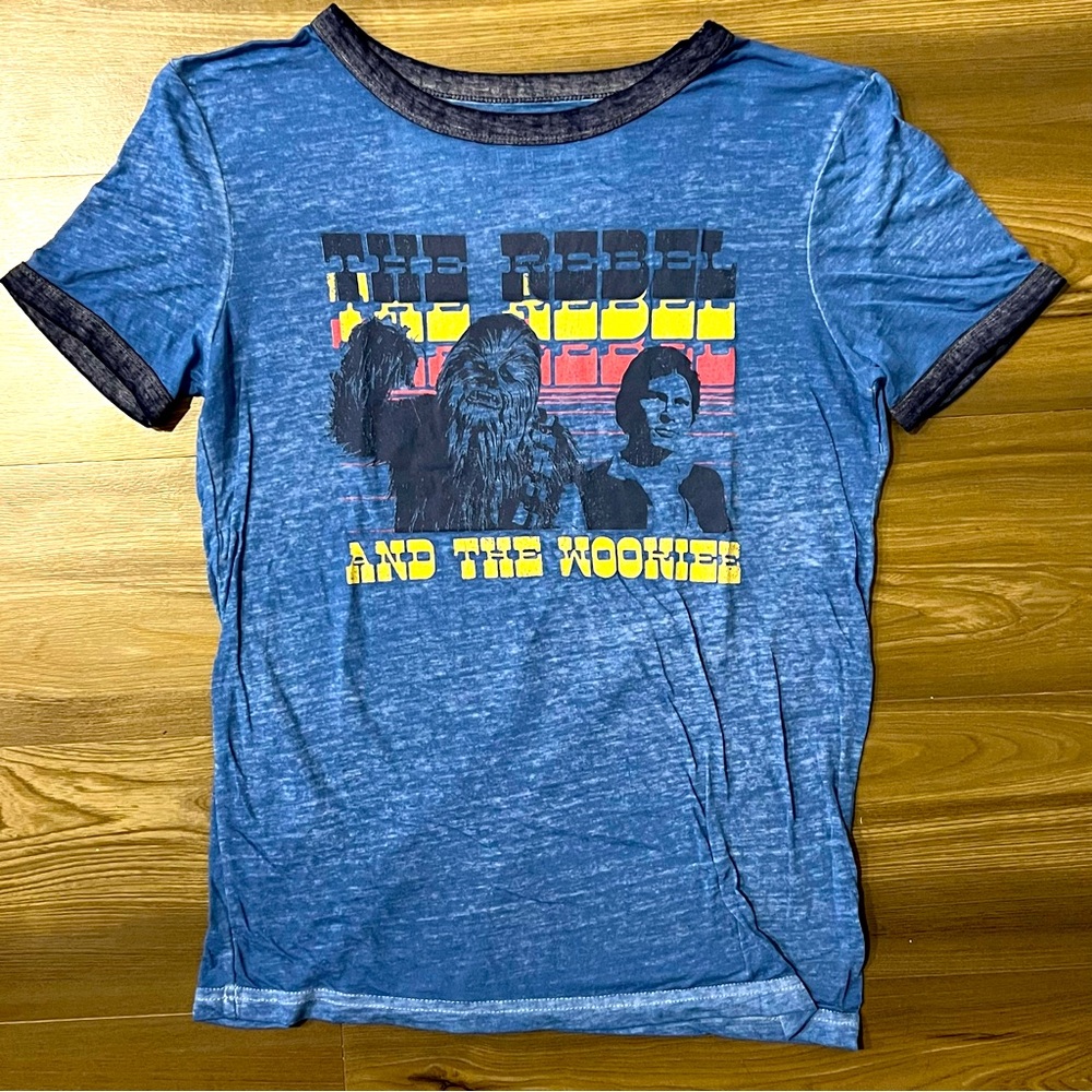 Star Wars Ringer Shirt Men's Small with Han Solo and Chewbacca in Blue